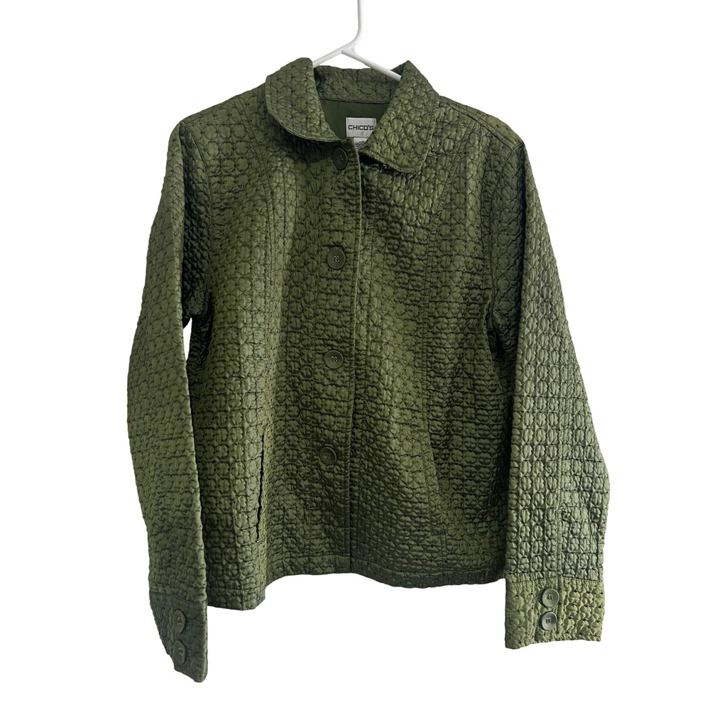 Chicos Olive Green Quilted‎ Embroidered Button Front Jacket Size 2 Large Womens